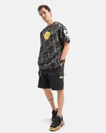 Grumpy Face Embroidered Terry Free Size Tee in Black