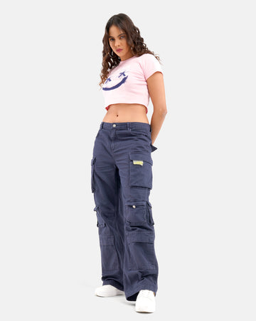 High Waist Flared Multi Pocket Cargio in Navy