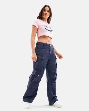 High Waist Flared Multi Pocket Cargio in Navy