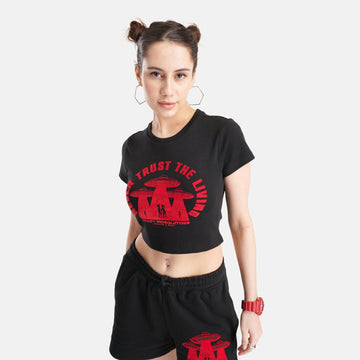 Alien Graphic Interlock Croptop in Black - Crazy Mosquitoes