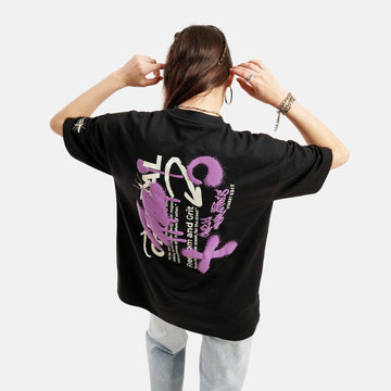 Graffiti Print Drop Shoulder Terry T-Shirt in Black - Womens - Crazy Mosquitoes