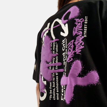 Graffiti Print Drop Shoulder Terry T-Shirt in Black - Womens - Crazy Mosquitoes