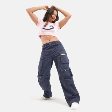 High Waist Flared Multi Pocket Cargio in Navy - Crazy Mosquitoes