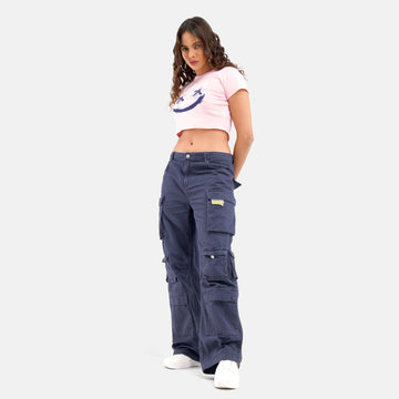 High Waist Flared Multi Pocket Cargio in Navy - Crazy Mosquitoes