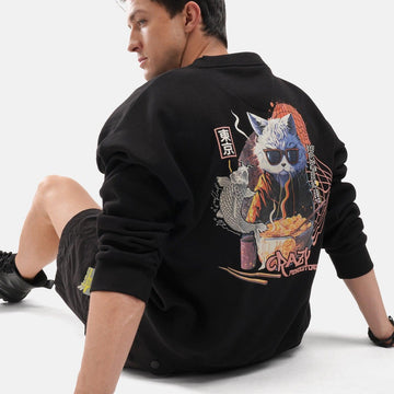 Ramen Cat Oversized Fleece Sweatshirt in Black - Crazy Mosquitoes