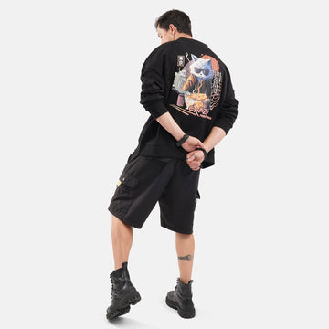 Ramen Cat Oversized Fleece Sweatshirt in Black - Crazy Mosquitoes
