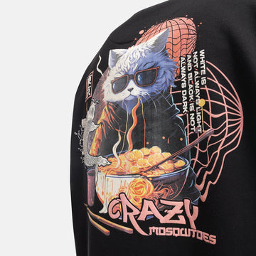 Ramen Cat Oversized Fleece Sweatshirt in Black - Crazy Mosquitoes