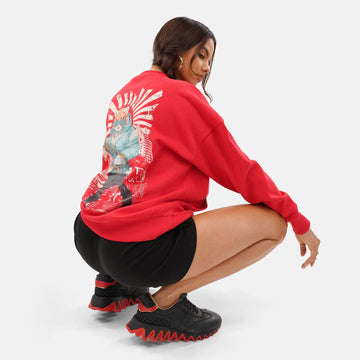 Urban Cheetah Oversized Fleece Sweatshirt in Red - Crazy Mosquitoes